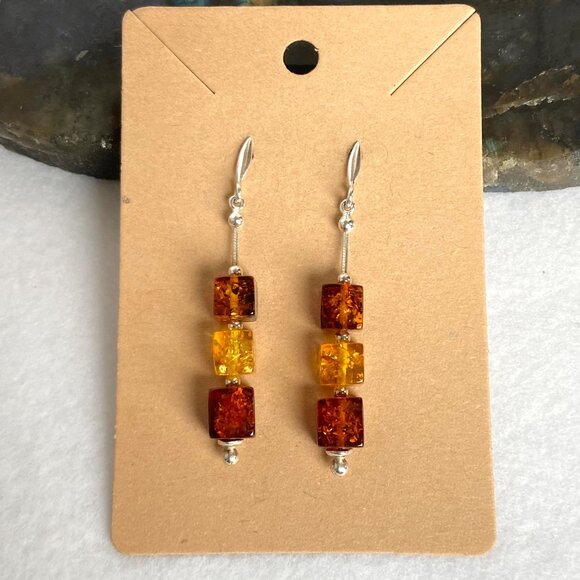 Sterling Silver 925 Beaded Cube Two Tone Baltic Amber Dangle Drop Post Earrings - Picture 1 of 16